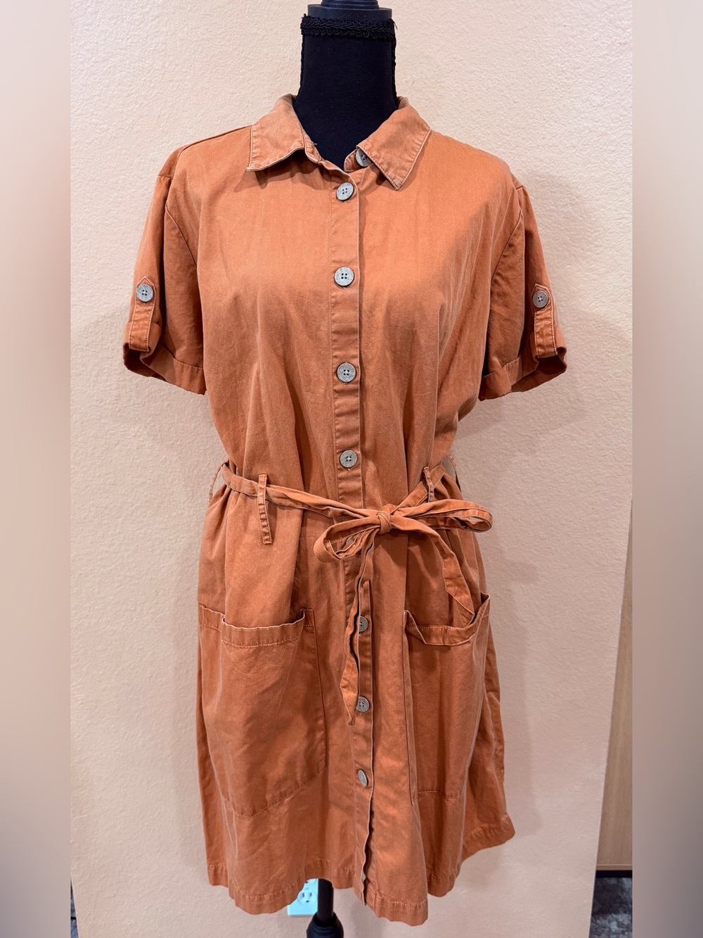 Ana brand Rust Button-Front Utility Shirt Dress with Tie Waist
